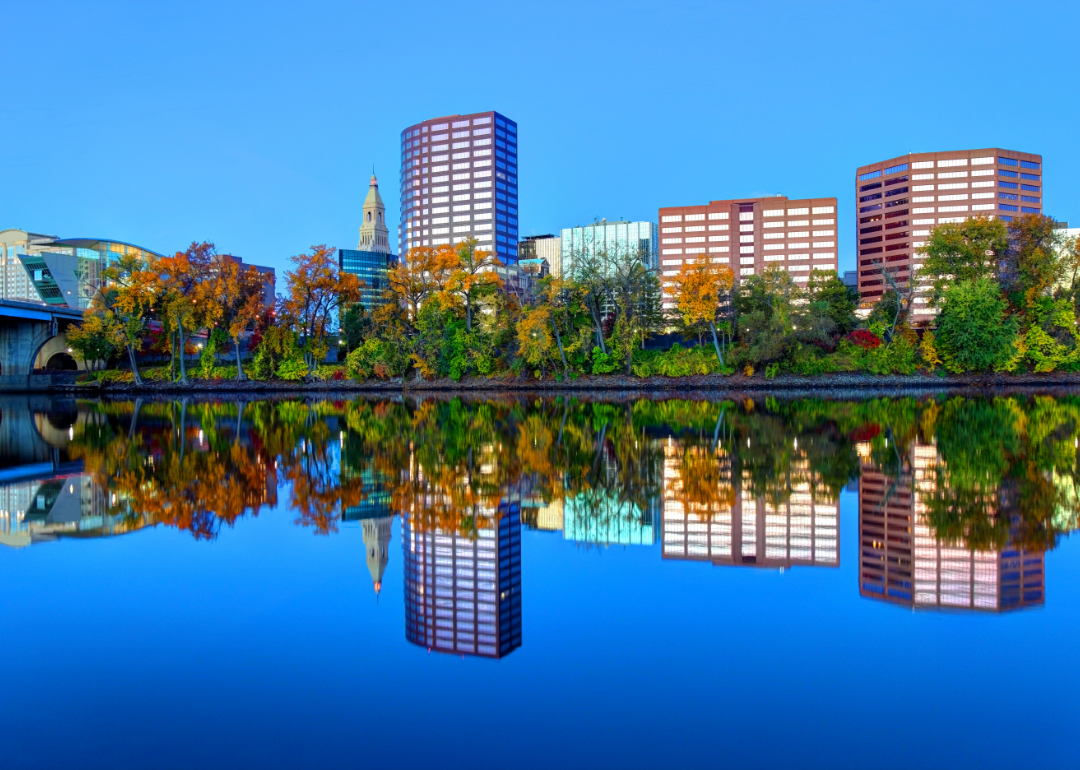 The Hartford, Connecticut skyline as seen from the water.
