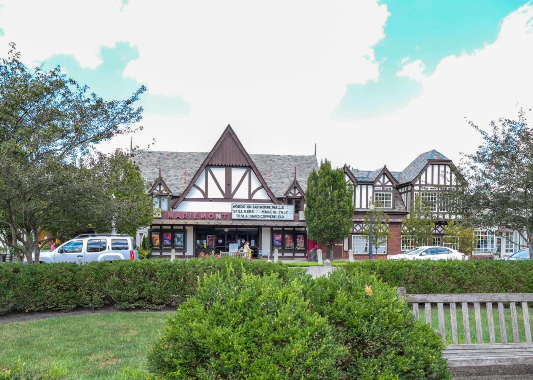 The picturesque town center of Mariemont, Ohio as seen from the town square park. 