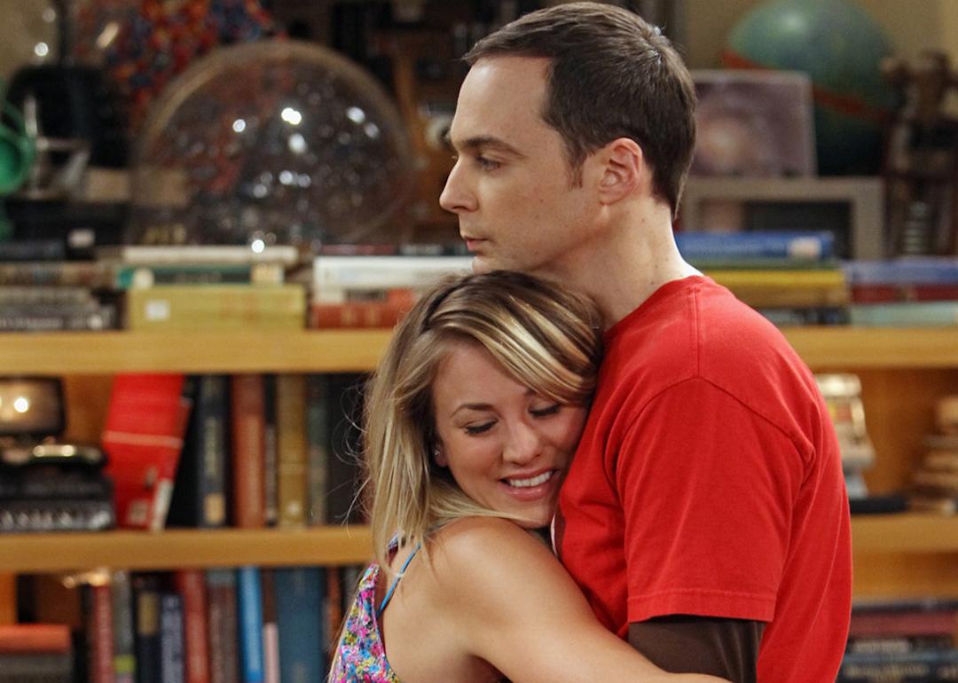 Penny (Kaley Cuoco) and Sheldon (Jim Parsons) embrace on 'The Big Bang Theory.'