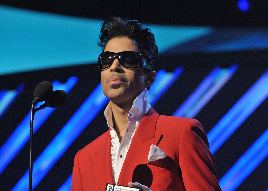 Prince onstage at the 50th Annual Grammy Awards.