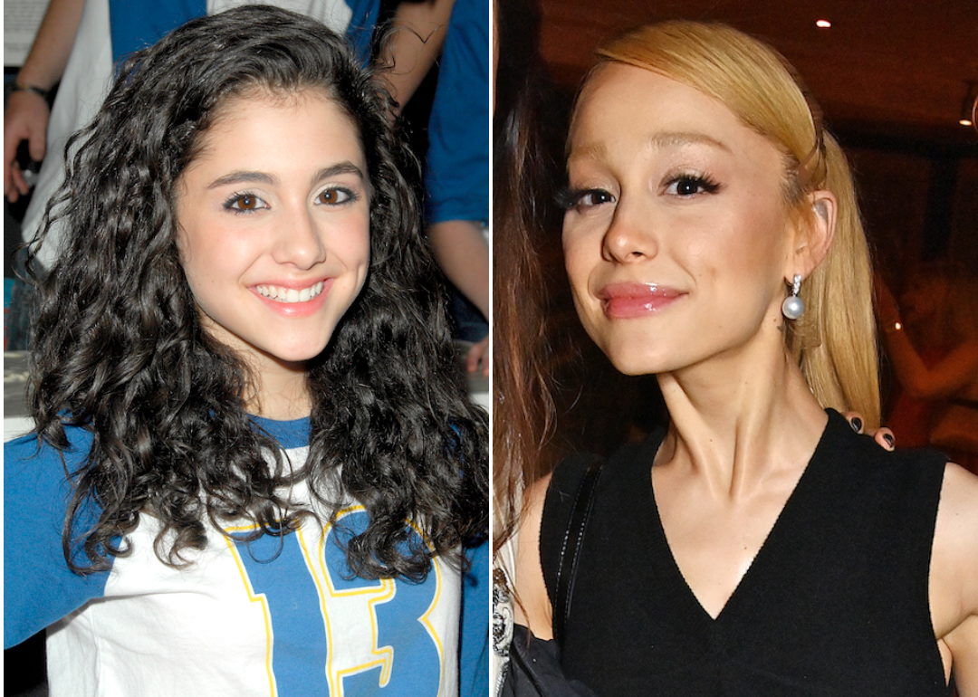 Actor and singer Ariana Grande, then-star of the musical '13,' in New York City in 2008; Grande in London in 2023.