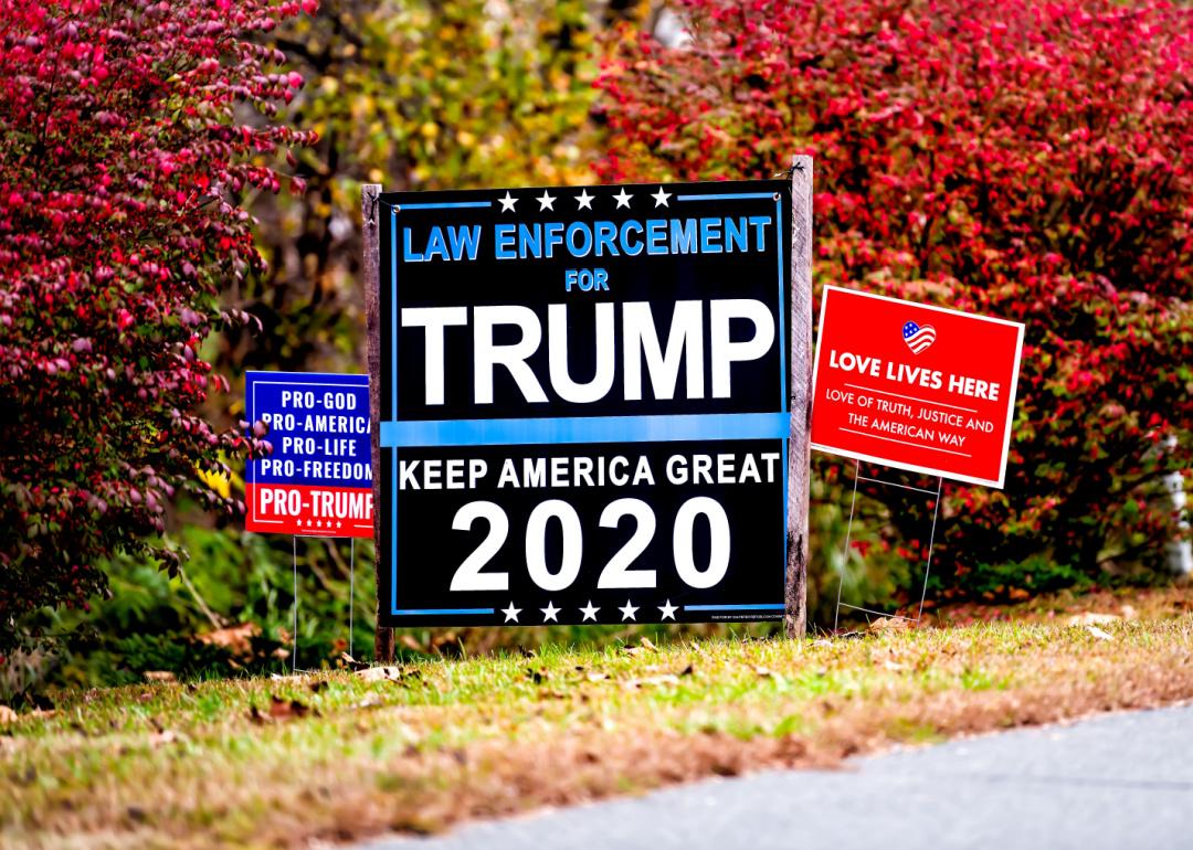 Three yard signs that read, from left: "Pro-God, Pro-America, Pro-Life, Pro-Freedom, Pro-Trump"; "Law enforcement for Donald Trump: Keep America Great 2020"; and "Love Lives Here: Home of truth, justice, and the American way."