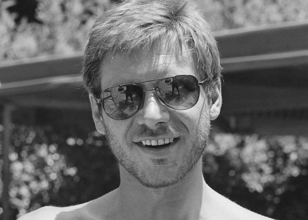 Actor Harrison Ford wearing aviator sunglasses at his home in Los Angeles in 1981.