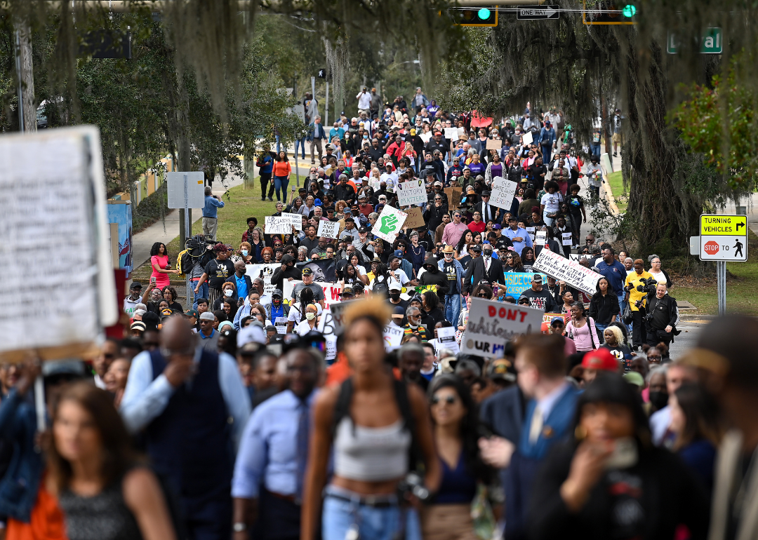 Demonstrators protest Florida Governor Ron DeSantis plan to eliminate Advanced Placement courses on African American studies in high schools 