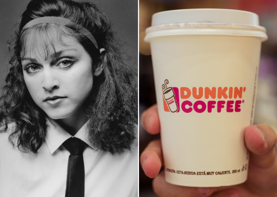 On the left, Madonna in 1978; on the right, a white coffee cup with the Dunkin' Donuts logo, where she worked as a teen.