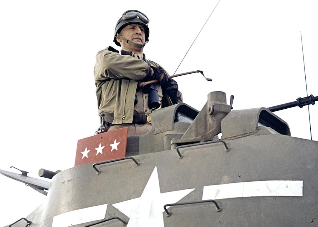 Actor George C. Scott rides on tank in the war movie 'Patton.'