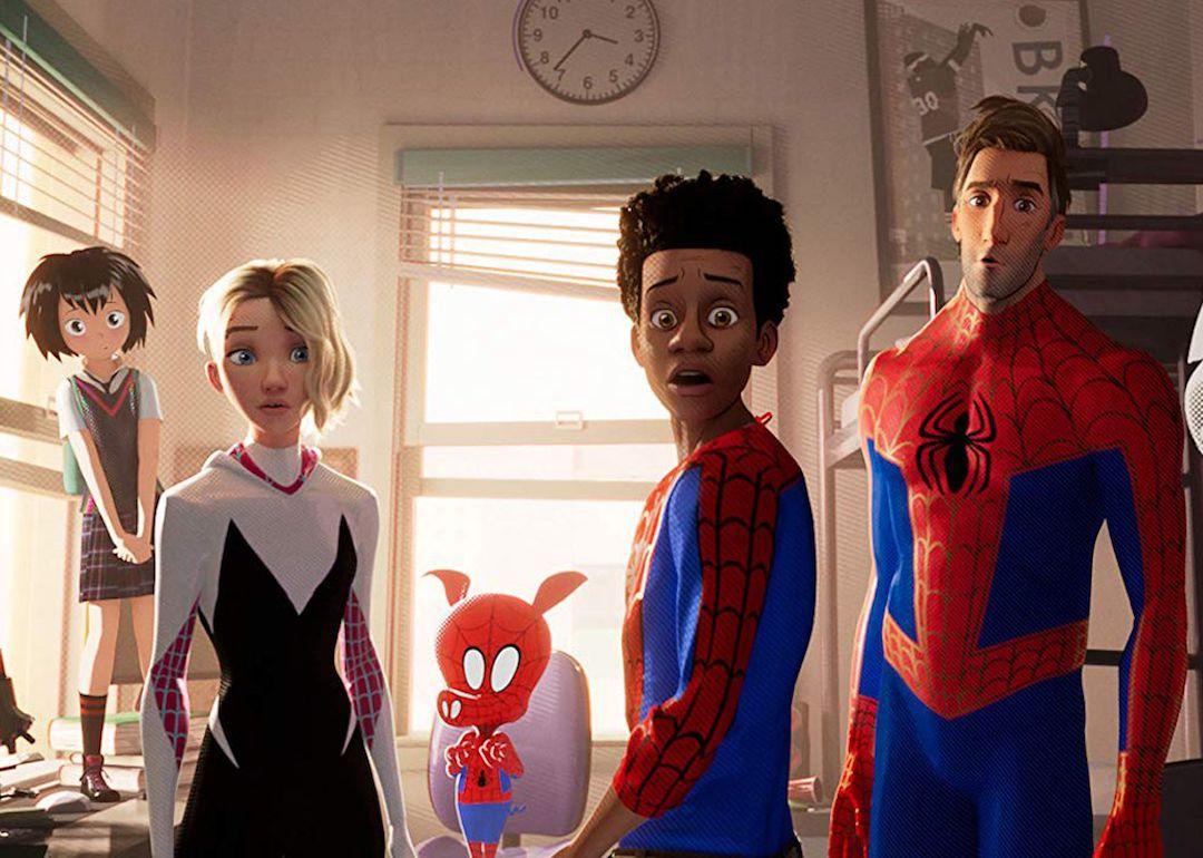The cast of the animated movie 'Spider-Man: Into the Spider-Verse' looking surprised.