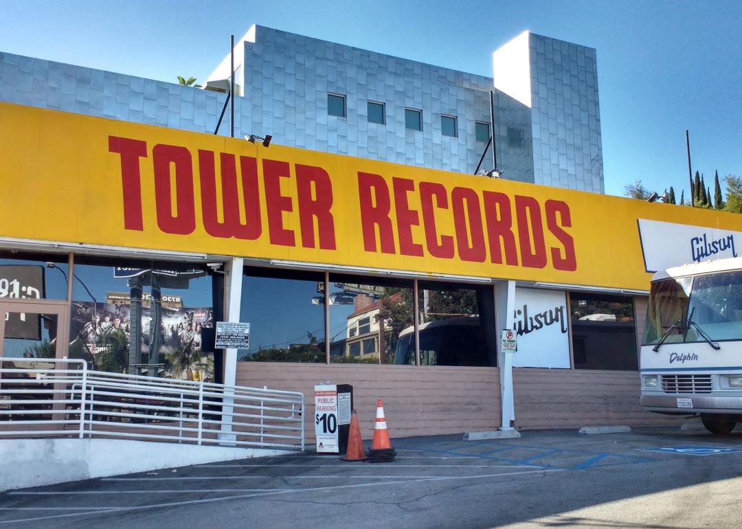 The historic Tower Records building on the Sunset Strip casts a shadow over its parking lot. The store opened in 1971 and closed in 2006.