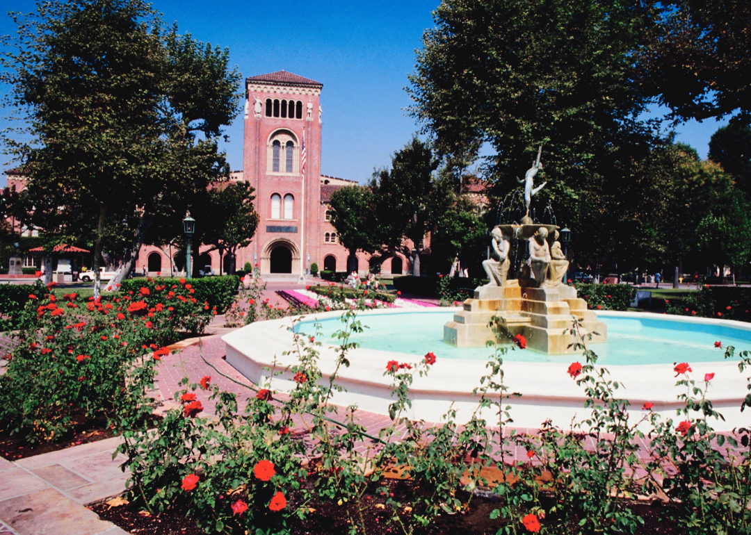 Building and fountain on the campus of the University of Southern California in Los Angeles.