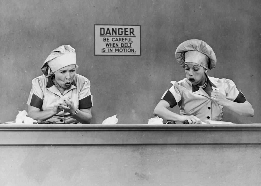 Actors Vivian Vance and Lucille Ball on the chocolate factory episode of 'I Love Lucy,' called 'Job Switching.'