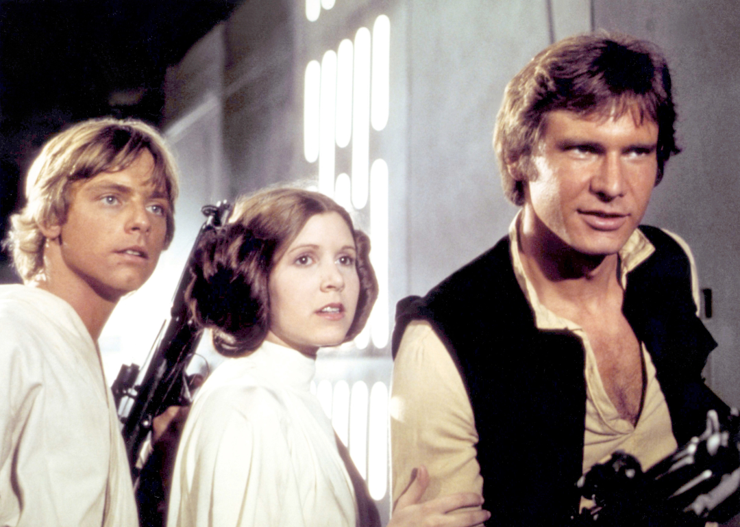 Mark Hamill, Carrie Fisher and Harrison Ford on the set of "Star Wars: Episode IV - A New Hope"