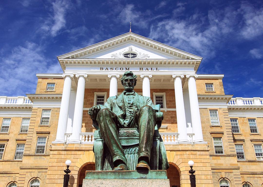 Bascom Hall at the University of Wisconsin—Madison with a statue of Abraham Lincoln in front.