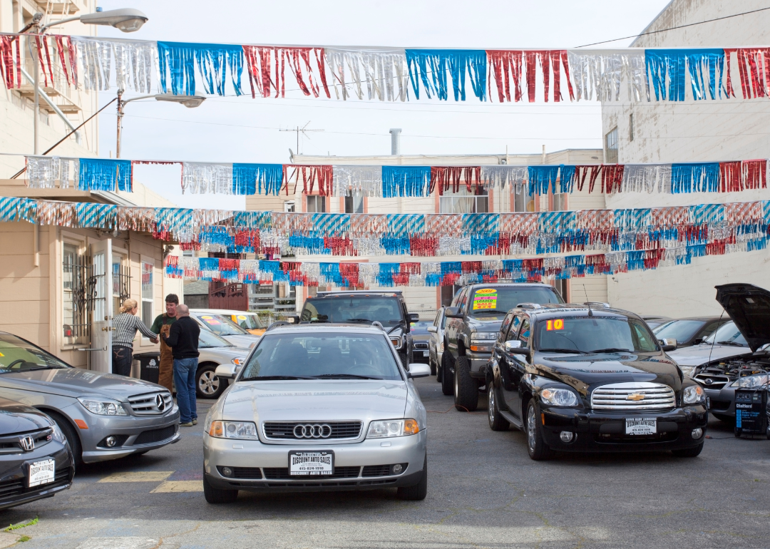 A used car lot is filled with cars for sale.