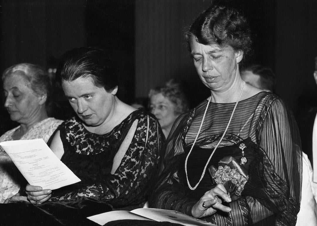 Lorena Hickok and First Lady Franklin D. Roosevelt attending the Pan American Day concert in 1935.