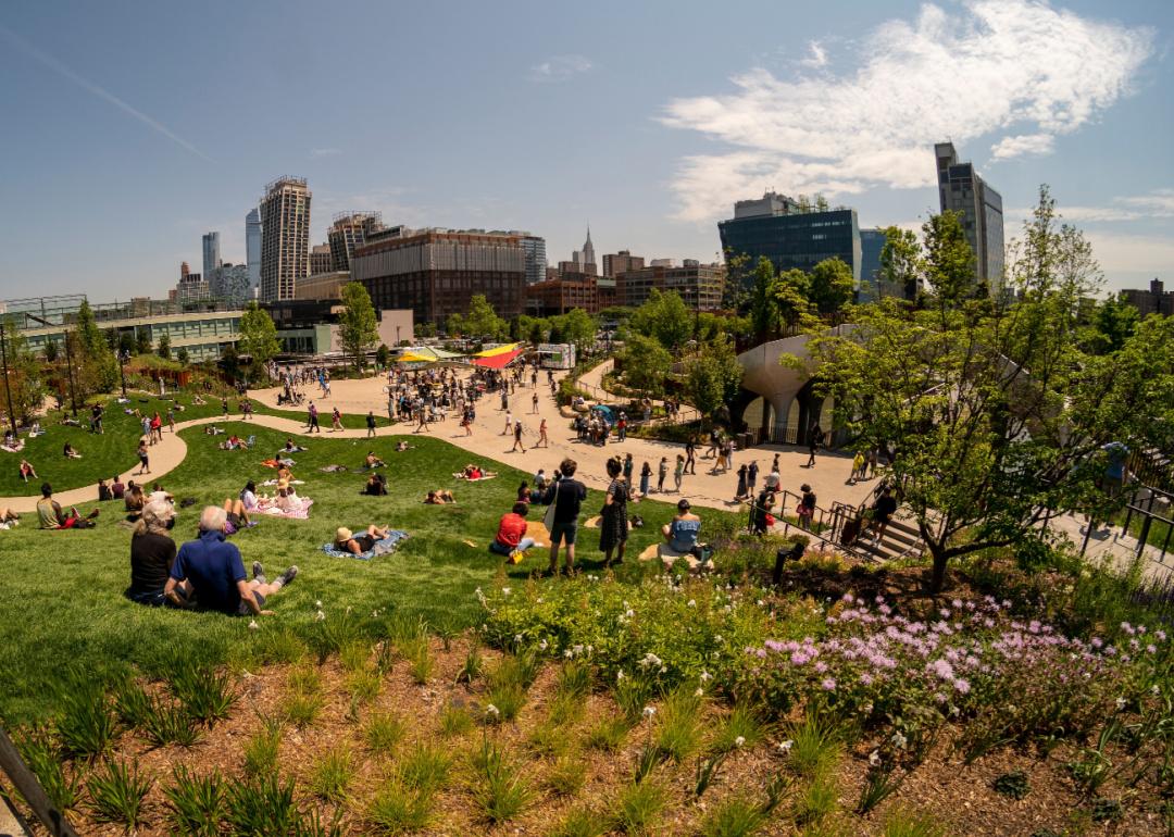 Throngs of visitors invade the new Little Island in Hudson River Park in New York.