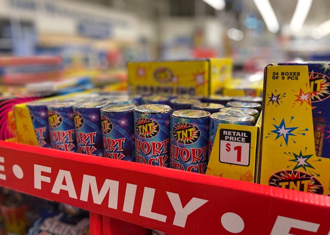 Fireworks for sale at a retail store with the word 'family' on the box.