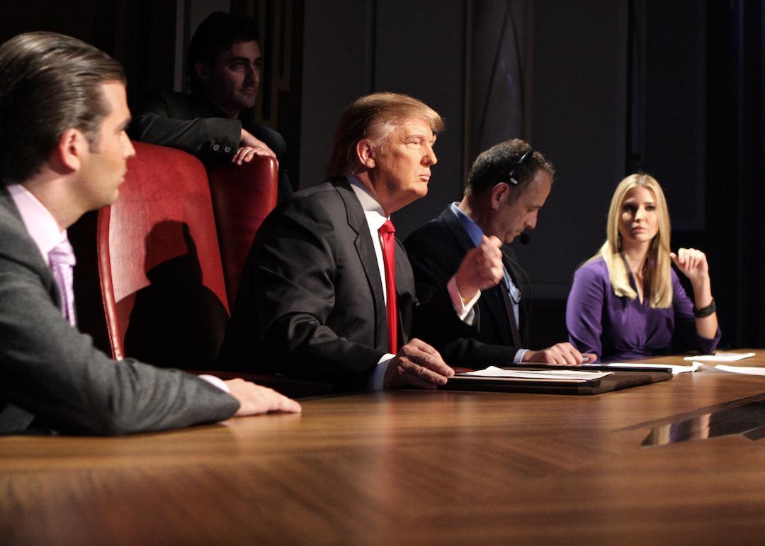 Donald Trump Jr., Donald Trump, and Ivanka Trump during the season finale of 'The Celebrity Apprentice' on May 10, 2009 in New York City.