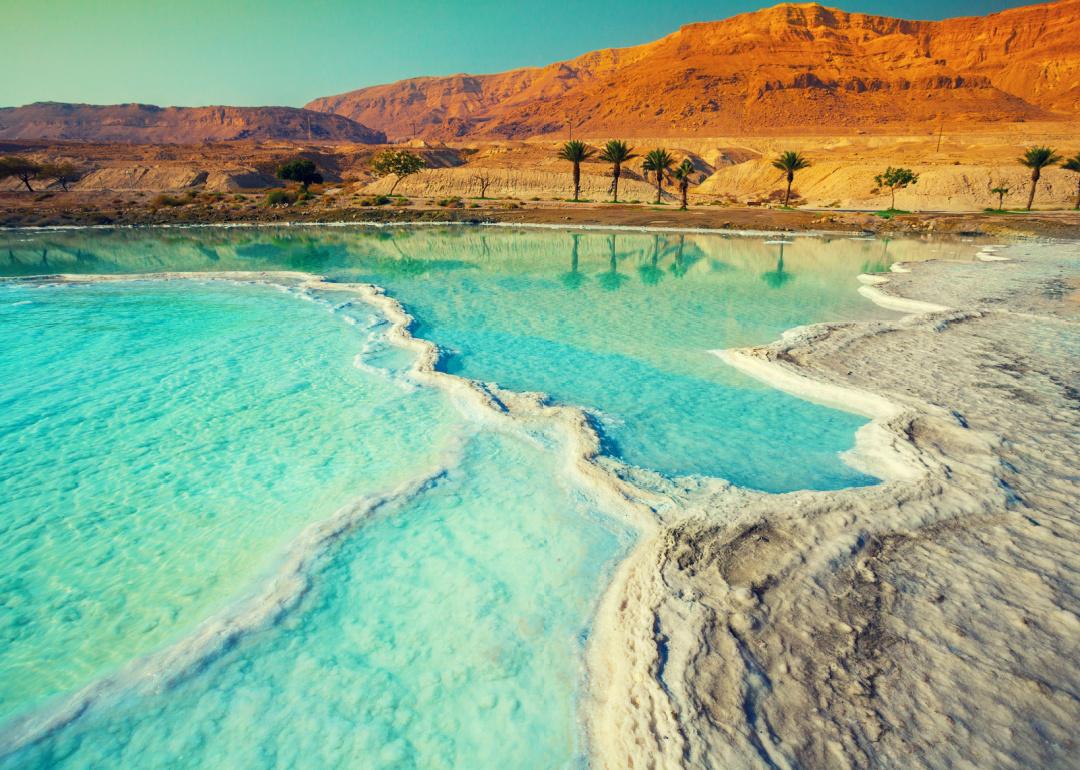 The salty shore of the Dead Sea.