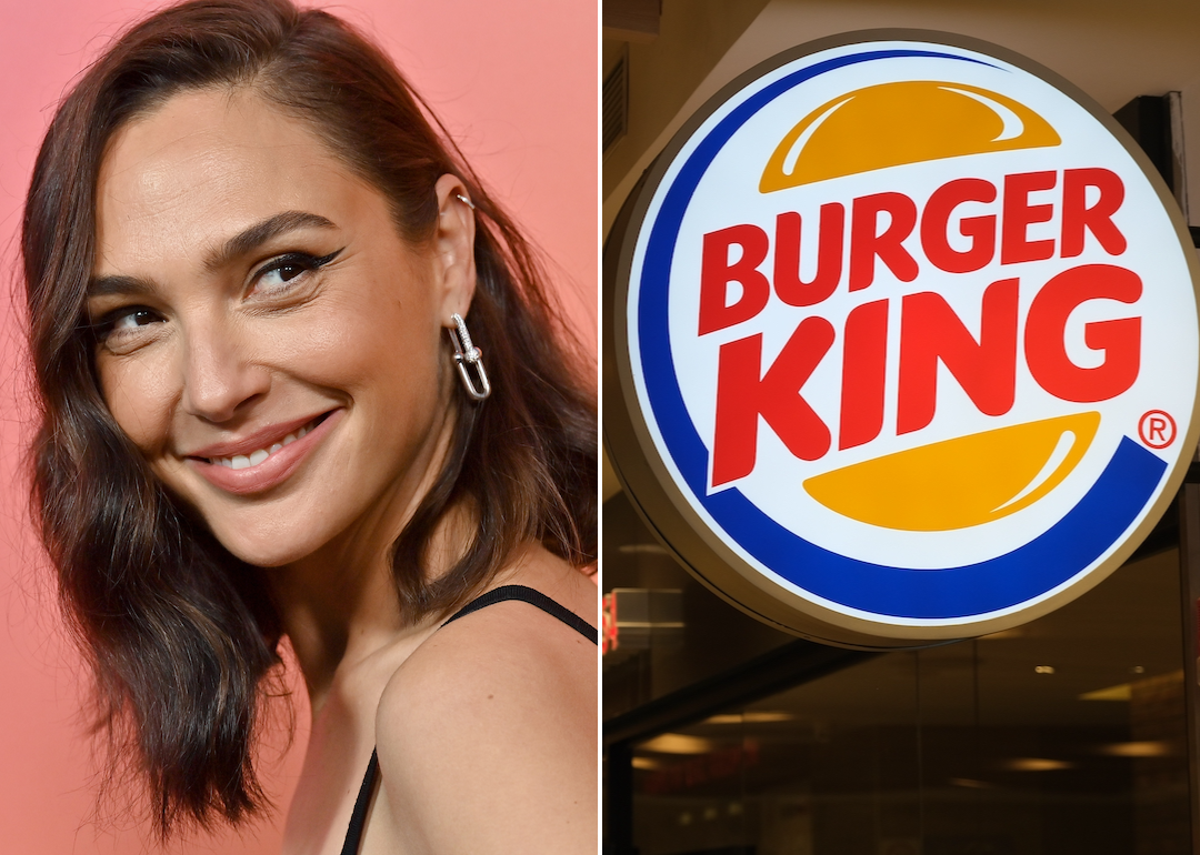 Gal Gadot attends Veuve Clicquot Celebrates 250th Anniversary with Solaire Exhibition on October 25, 2022 in Beverly Hills, California (left); Burger King store sign (right)