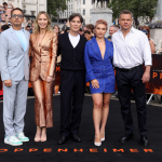 Robert Downey Jr., Emily Blunt, Cillian Murphy, Florence Pugh and Matt Damon attend the London Photocall for Universal Pictures' "Oppenheimer" at Trafalgar Square on July 12, 2023 in London, England.