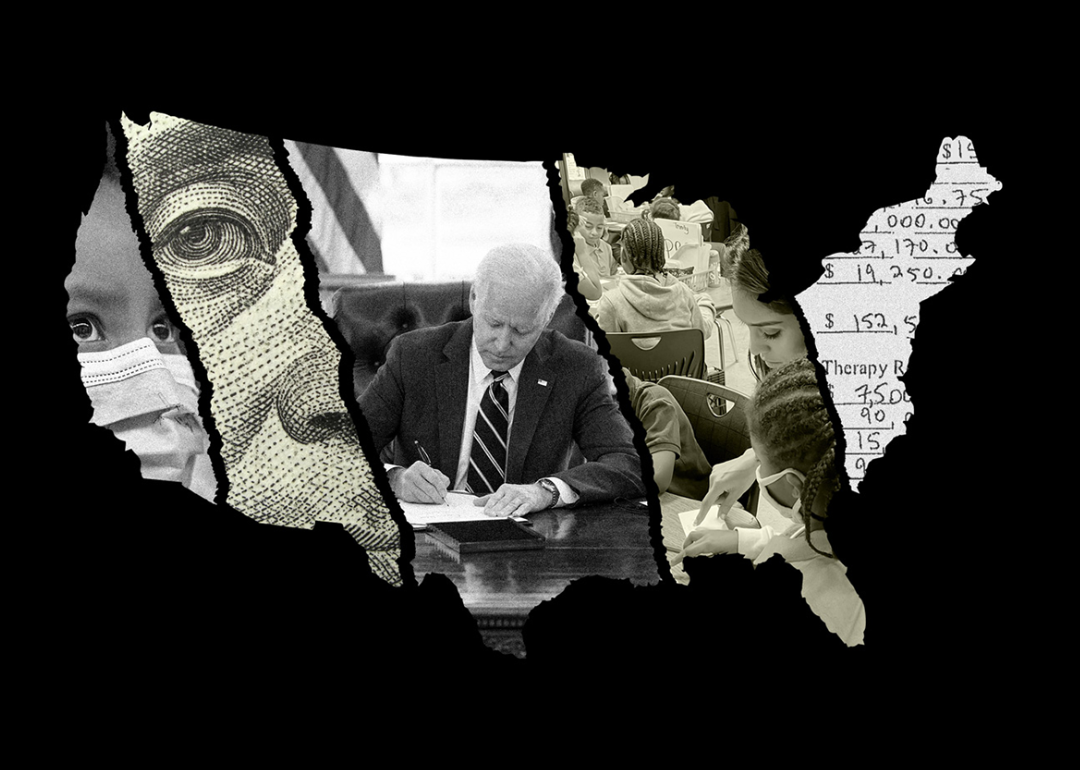 A photo illustration shows the outline of the United States striped with photos of a child wearing a mask, a portrait on a $100 bill, President Joe Biden signing a piece of paper, children and teachers in a classroom, and a handwritten page of numbers.