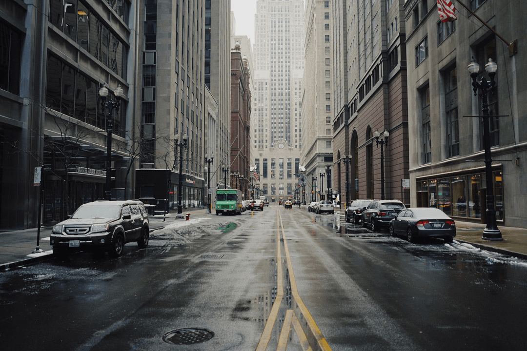 A photo of downtown Chicago's financial district during the day.