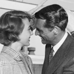 Cary Grant is greeted by Betsy Drake on his arrival aboard the SS Dalerdijk to work on a movie in England, circa 1949