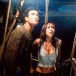 Actors Freddie Prinze Jr. and Jennifer Love Hewitt looking up in fear in a scene from the 1998 horror film 'I Still Know What You Did Last Summer.'