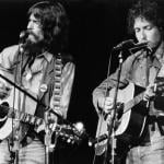 George Harrison and Bob Dylan perform onstage at the Concert for Bangladesh which was held at Madison Square Garden on Aug. 1, 1971 in New York City, New York.