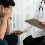 A man sits with his head in his hands, being consulted by a psychologist