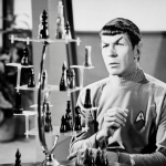 Leonard Nimoy in his role as Mr. Spock, playing 3-D chess in a publicity shot for the TV series "Star Trek".