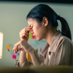 A young Asian American woman pinches the bridge of her nose in a posture of stress