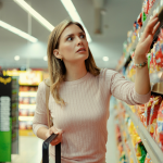 A woman has sticker shock at the grocery store