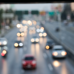 A slightly blurred photo of traffic on a multilane roadway