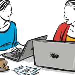 Two women working together friends in work team work concept vector illustration