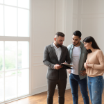 A young couple stands in an empty house talking to a realtor.