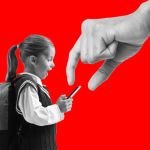 A conceptual image of a large hand taking a smartphone away from a schoolgirl.