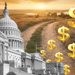 Photo Illustration showing the US Capitol building superimposed alongside gold-colored dollar signs over a rural landscape