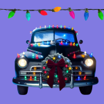 A 1950s era sedan decorated with Christmas lights and wreaths