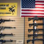 Assault rifles hang on the wall for sale at Blue Ridge Arsenal in Chantilly, Virginia, on Oct. 6, 2017.