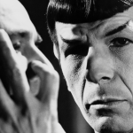 Leonard Nimoy playing a Vulcan, Commander Spock, a crew member of the Starship Enterprise in the "Star Trek" American TV series