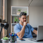 man wearing medical scrubs looking at computer in office
