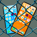 Cell phone screens appear behind chain link fence