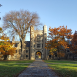A building at the University of Michigan, Ann Arbor, surrounded by autumn foliage