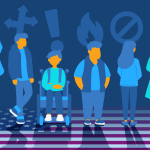 An digital illustration of six people in a row, each with a different symbol above their heads, standing on a floor with an American flag print.