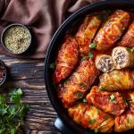 Overhead view of Hungarian cabbage rolls stuffed with ground beef and rice with a tangy tomato sauce in a slow cooker.