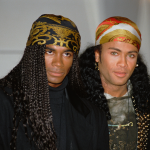 German pop band Milli Vanilli, composed of French singer, songwriter, dancer and model Fab Morvan and German-American model, dancer and singer Rob Pilatus, at a press conference announcing they will return their Grammy Awards after confessing to lip-synching their songs.