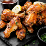Baked chicken wings served with different sauces and lemon slices