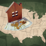 photo illustration with money, keys on map of U.S, concept of housing market 