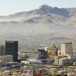 Panoramic view of skyline El Paso, Texas looking toward Juarez, Mexico.